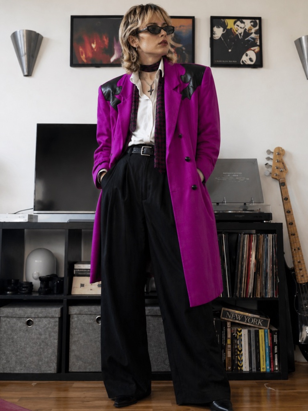 [m] INNUENDO Jacket Purple Blazer Dress Western Leather Detail Statement 90s 80s